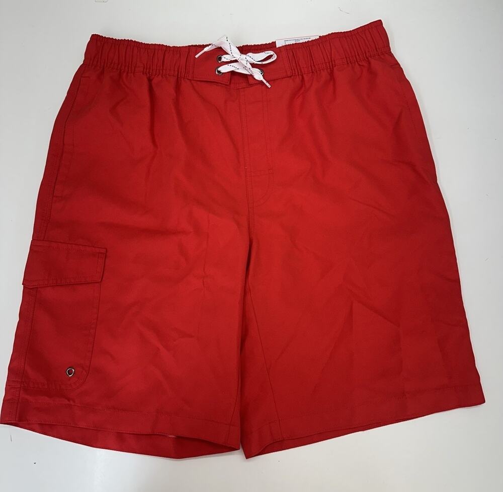 St. Johns Bay Mens Swim Shorts Size Large Red 10" Inseam Cargo Short Lined NWTs